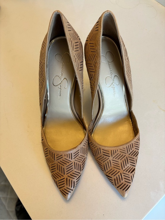 Jessica Simpson Shoes - Jessica Simpson Taupe Laser-Cut Pointed Pumps
